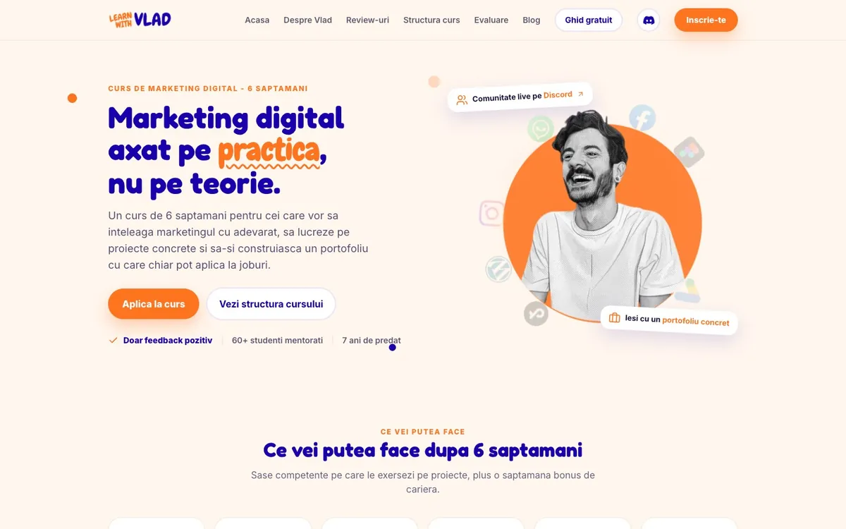 Learn with Vlad: curs si mentorat, captura de ecran